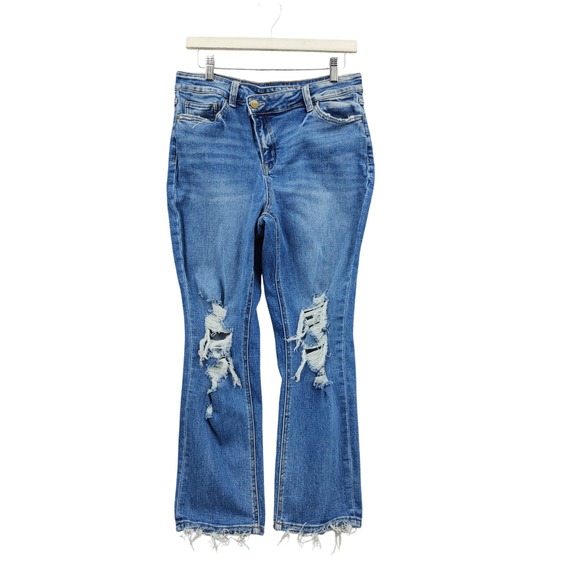 Mica Denim Denim - Mica Womens Criss Cross Y2K Flare Edgy Grunge Distressed Crop Jeans 29 Raw Hem